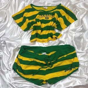 y2k Jamaica Striped Two Piece Set Green Yellow Excellent Crop Top Shorts XL